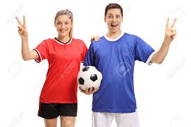 Jugador De Fútbol Femenino Y Masculino Que Hace Señales De La Victoria  Aislada En El Fondo Blanco Fotos, Retratos, Imágenes Y Fotografía De  Archivo Libres De Derecho. Image 87925957.