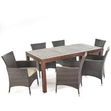 Noble House Multi Brown 7 Piece Wicker And Wood Rectangular Outdoor Dining Set With Beige Cushion 21607 In 2020 Wicker Dining Chairs Patio Dining Set Outdoor Dining Set