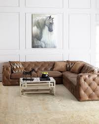 Tufted Leather Sectional With Square Arms Traditional Paneling In Neutral Room Living Room Leather Tufted Sectional Sofa Sectional Sofas Living Room