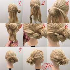 ノットヘアーお団子アレンジ 1 耳より上の髪を結び折り返してお団子作ります 2 下の残していた髪を二等分にします 3 二等分にした下の髪をお団子の上で写真のように結びます 4 3番の残ってる髪をお団子の下で写真のように結びます 5 4番で残った髪を一本にして