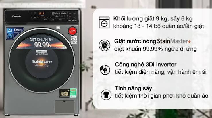 Máy giặt sấy Panasonic Inverter giặt 9 kg - sấy 6 kg NA-S96FC1LVT - giá tốt, có mua trả góp
