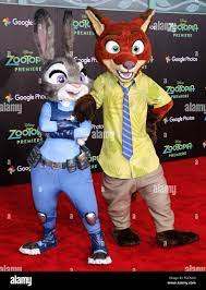 Characters Nick Wilde and Judy Hopps at the Los Angeles premiere of ' Zootopia' held at the El Capitan Theater in Hollywood, USA Stock Photo -  Alamy