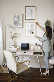 Assorted magazine and lidded storage boxes, paintbrush, paint or wallpaper, photo frames and trash bins (for sorting). Home Office Decor Ideas Chic Talk Home Office Setup Chic Office Decor Cozy Home Office