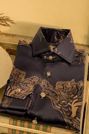 Black And Gold Dress Shirt Black Silk Shirt With Gold Tiger Print For The New Capri Collection In Store Now Angelog Designer Suits For Men Dress Shirt And Tie Men Fashion Casual Shirts