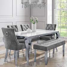 Extending dining table with 6 grey velour chairs. 6 Seater Dining Set With White Mirrored Table 4 Grey Velvet Chairs And 1 Bench Jade Boutique Furniture123