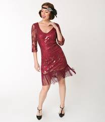 Unique Vintage Burgundy Red Sequin Margaux Sleeved Fringe Flapper Dress Red Flapper Dress Cocktail Dress Vintage Red Dress Women