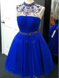 Stunning High Neck Illusion Back Short Royal Blue Homecoming Dress With Beading Homecoming Dress Short Prom Dress Blue Homecoming Dresses Tulle Homecoming Dress Royal Blue Homecoming Dresses