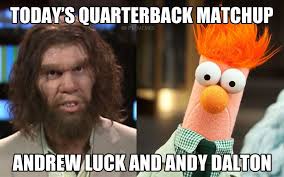 Andrew Luck Vs Andy Dalton Haha Nfl Memes Funny Funny Football Memes Nfl Funny