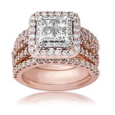 Ladies Quad Diamond 3 Piece Wedding Set In 14 Kt Pink Gold Bridal Pink Engagement Ring Diamond Wedding Sets Halo Wedding Set