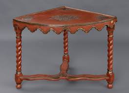 French Antique Red Lacquer Corner Table Parcel Gilded Corner Table With Crenelated Apron Top Decorated With Raised Basket Of Antique Table Corner Table Table