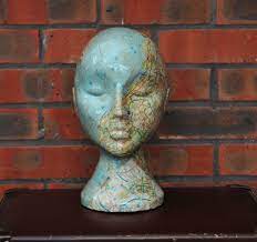Old British Atlas Decoupaged Mannequin Head Wig Hat Display Hat Display Mannequin Heads Styrofoam Head Art