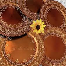 Orange Mehndi Thaals Charger Plate Indian Style Wedding Decor In 2020 Mehndi Decor Mehndi Party Wedding Decorations