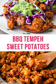 Bbq Tempeh Stuffed Sweet Potatoes Recipe High Protein Vegetarian Recipes High Protein Vegan Recipes Tasty Vegetarian Recipes