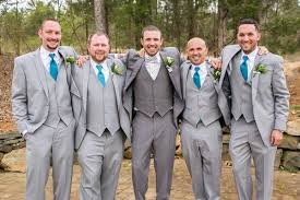 Gray Groomsmen Attire Idea Light Gray Tuxedos And Teal Neckties Amanda Hedgepeth Photography Teal And Grey Wedding Groomsmen Grey Teal Groomsmen