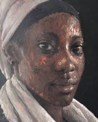 Handsome” (2020), color screen print, by Amy Sherald (b.1984), as viewed in  January 2025 at the UBS Art Gallery in Manhattan (NY) as part of the “About  Face: Portraits from the UBS