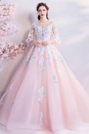 Dremy Princess Pink Ball Gown Formal Dress With Sleeves Sequins Wholesale T69126 Gemgrace Com Pink Ball Gown Ball Gowns Pink Evening Dress
