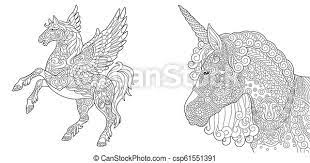 Pegasus, unicorn and other fantasy animals stickers. Coloring Pages With Unicorn And Pegasus Colouring Pictures With Unicorn And Pegasus Horse Freehand Sketch Drawing With Canstock