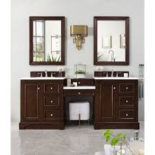 Crafted with solid smoothed wood, our vanity set features a simple classic design complete with strong base legs and smoothed rounded edges for a soft. De Soto 82 W Or 94 W Double Bathroom Vanity Set With Makeup Table Satin Nickel Hardware Multiple Base Finishes And Countertop Options By James Martin Furniture Kitchensource Com
