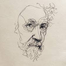 minimal continuous one-line portrait of an elderly man with a beard,  expressive and abstract, pen