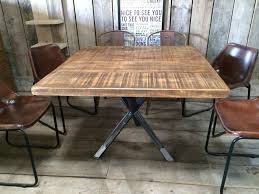 Vintage Industrial Rustic Reclaimed Plank Square Top Dining Table Tripod Steel Base Handmade Uk Iron Coffee Table Square Dining Tables Dining Table