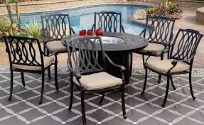 54 marble dining table top inlay rare semi round center coffee table ar0239. San Marcos Cast Aluminum Outdoor Patio 7pc Set 50 Inch Round Dining Fire Table Series 4000 With Sunbrella Sesame Linen Cushion Zenpatio