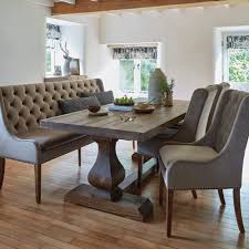 Set includes one dining table and four chairs, finished in reclaimed gray color a simple yet elegant transitional dining set. Burnsall Reclaimed Wood 200cm Dining Table Jacob Taupe Bench 3 Chairs