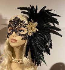 Black Lace Masquerade Mask With Feathers With Antique Gold Etsy Lace Masquerade Masks Masquerade Mask Bridal Mask