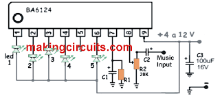 Lm3914 is a voltage level sensor ic that drives 10 leds at the output, the leds will be switch on and off according to the increase and decrease of dc voltage at its pin 5. Simple 5 Led Music Level Indicator Using A Single Ic
