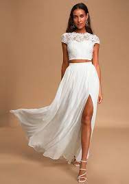 Shapes for our cheap white maxi dresses are flattering, whether you want strapless, halter or even body conforming. Lulus Sweet Stunner White Lace Two Piece Maxi Dress Wedding Dress The Knot