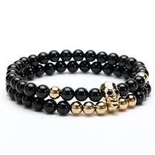 Black And Gold Bracelet Set Black And Gold Skull Bracelet Gentleman Fashion Wear Men Bracelets Beaded Bracelets Gemstone Beaded Bracelets Skull Jewelry