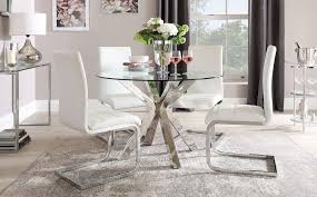 Plaza Round Chrome And Glass Dining Table With 4 Perth White Leather Chairs Glass Round Dining Table Dining Table Chairs White Leather Chair