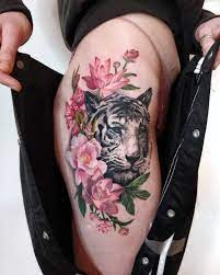 White Tiger Flowers In The Top Half Are New Everything Else Is Healed Big Shou Rose Tattoos For Women Tiger Tattoo Thigh Tiny Tattoos For Women