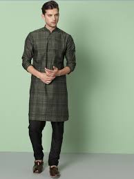 House Of Pataudi Men Black Olive Checked Straight Kurta 1999 Indian Men Fashion Mens Kurta Designs Men