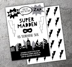 Black And White Superhero Pictures Printable Black And White Superhero Birthday Invitation Modern Super Hero Party Superhero Birthday Invitations Birthday Invitations Diy Birthday Invitations Kids