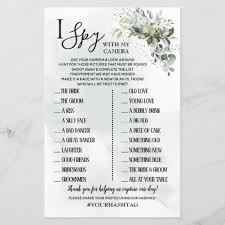 Eucalyptus I Spy Wedding Reception Bilingual Game Zazzle Com In 2021 Kids Wedding Activities Wedding Reception Games Kids Table Wedding