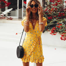 Women S Loose Short Sleeve V Neck Ruffles Print Casual Yellow Summer Chiffon Dress 2018 Beach Elegant Mini Wrap Dress Floral Short Sleeve Mini Dress Mini Dress