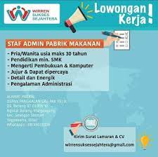 Lowongan kerja pabrik dan manufaktur. Staf Admin Pabrik Makanan Atmago