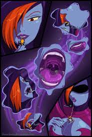 2girls black skin blue skin cleavage female giantess hands over  breasts helmet imp imp midna jorabora licking lips lipstick mawshot midna  mouthplay nintendo oracle of ages orange hair pauldrons