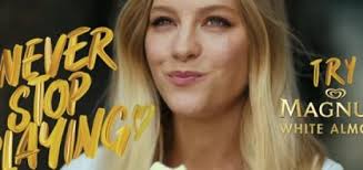 The third stop in the mini game station is an informational segment that plays the magnum cookies and cream commercial on a golden screen, . Magnum White Almond Commercial Song