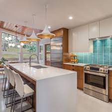 The backsplash is one of the best places in your kitchen to put your personal tastes and creativity on full display. 75 Beautiful Mid Century Modern Kitchen With Blue Backsplash Pictures Ideas July 2021 Houzz