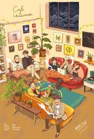 Ini aja dulu ya :) makasihhhh. Welcome To Our Warm Comfy Cafe Have A Seat And Let Us Hear Your Story Exo ì—'ì†Œ Cafeuniverse Exo Universe Kartun Ilustrasi Karakter Animasi