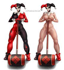 1girls areolae batman (series) big breasts blue eyes breasts  clothing coffeebeanbrush dc dc comics female female only hammer harley  quinn harley quinn (classic) large breasts mallet mostly nude naked