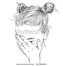 Sketch Of Teenage Girl With Two Buns Hairstyle Covered Her Face With Her Palm Hand Drawn Vector Lin Braided Hairstyles Easy Two Buns Hairstyle Easy Hairstyles