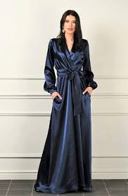 47l from shoulder to hem; Navy Blue Satin Maxi Dress Wrap Neckline Dress Long Cuff Etsy