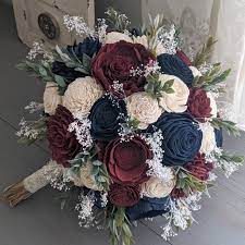 1 bridal bouquet with burgundy, navy, ivory, blush, red ad green color flowers. Navy Burgundy And Ivory Sola Wood Flower Bouquet With Etsy