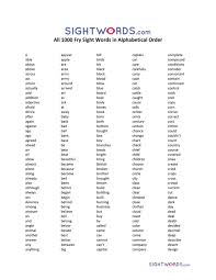 Collation is the assembly of written information into a standard order. All 1000 Fry Sight Words In Alphabetical Order