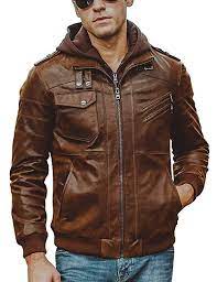 Men S Leather Motorcycle Jacket With Removable Hood Brown Pigskin Brown Leather Motorcycle Jacket Leather Jacket Men Leather Jacket Style