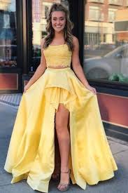 Sleeveless Yellow Prom Two Piece Long Formal Dresses In 2020 Prom Dresses Yellow Yellow Evening Dresses Two Piece Evening Dresses