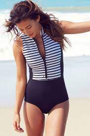 One Piece Navy Stripe Surf Sleeveless Swimsuit So009 In 2021 Stripes Fashion Women One Piece Swimsuits