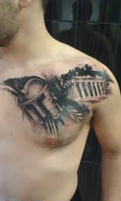 Real Looking Spartan Helmet With Parthenon Tattoos On Chest Tattoo